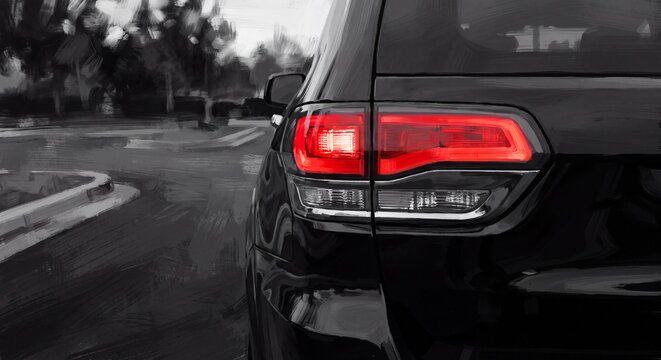 Digital painting of a black modern car rear with illuminated red taillight parked on a street