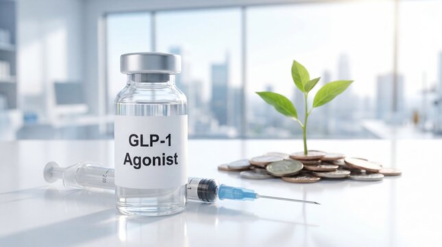 GLP-1 agonist vial and syringe rest beside coins and a growing plant. Bright clinical setting suggests treatment, growth, and medical progress. Healthcare investment concept.