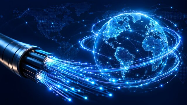 High speed fiber optic cables connecting to a glowing digital globe illustrating rapid broadband telecommunications and global data transfer