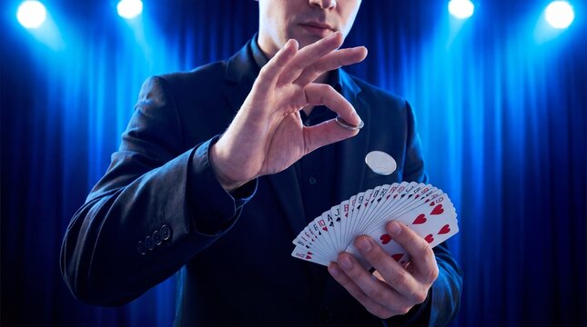 Magician presents playing cards while a coin floats near his hand. Blue stage lights create a dramatic performance setting. Entertainment concept for casino or illusion design.