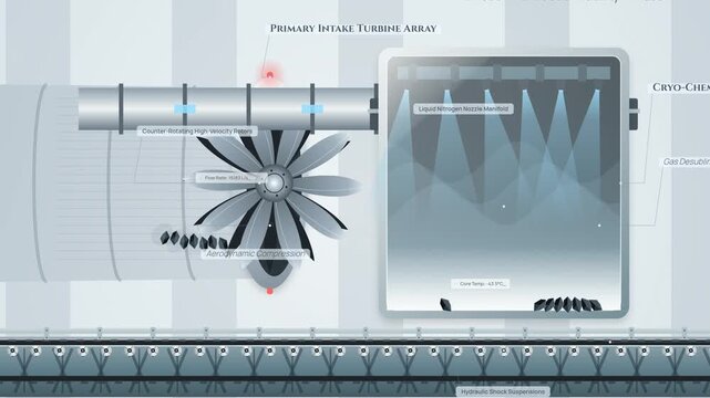 Atmospheric carbon capture schematic animation showing direct air extraction facility with turbine array and cryo-chemical reaction chamber for climate change mitigation