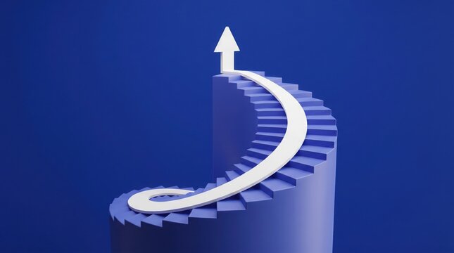 A clean, minimalist 3D render of a spiral staircase set against a solid, deep monochromatic royal blue background