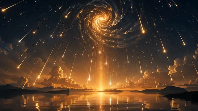 Meteor shower falls over calm water.
