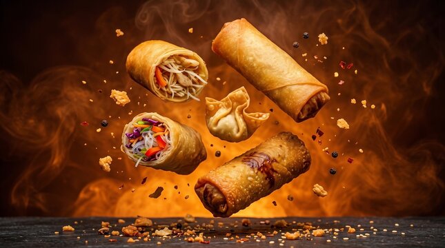 Crispy fried spring rolls floating background.
