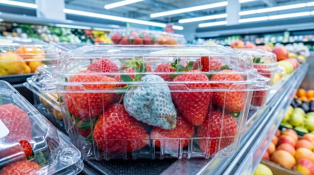 Moldy strawberry among fresh berries sits in a clear package. Supermarket produce displays food spoilage and quality control. Image supports food safety awareness.