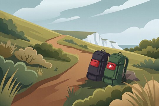 Two hiking backpacks rest beside a winding dirt trail along coastal green hills and cliffs