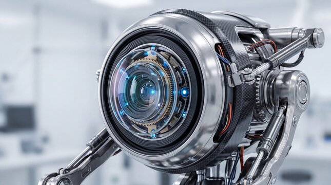 Robot head with a glowing camera eye and exposed gears. Mechanical parts stand inside a bright laboratory. Artificial intelligence concept for robotics innovation.