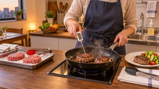 焼きたてハンバーグの中心温度を確認する食事準備