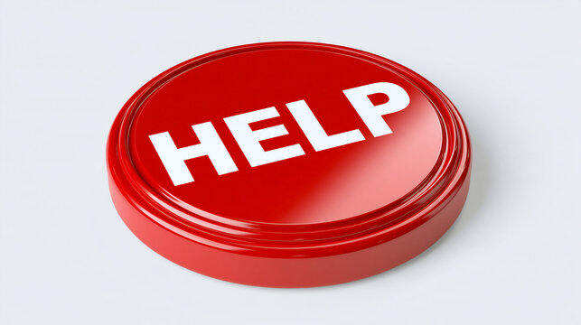 A shiny red button with the word help isolated on white background. Perfect for emergency service and support concepts.