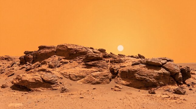 Rocky desert terrain lies beneath a low sun. Layered rocks form a barren alien landscape. Space exploration concept for science fiction and planetary research.