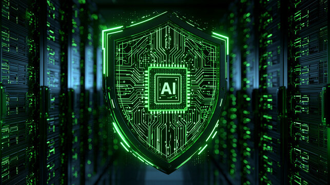 Futuristic AI security shield glowing green inside a server room. Cybersecurity concept for corporate technology and data protection presentations.