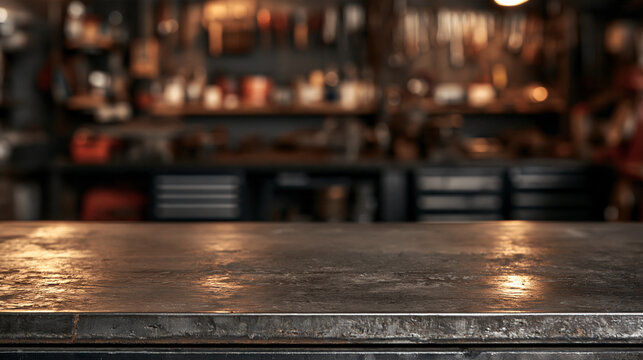 Rustic dark metal workbench in an industrial workshop with warm ambient lighting. Perfect product display background for hardware and tools.