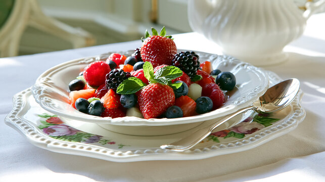 Fresh berry fruit salad with strawberries, blueberries, raspberries, and blackberries, garnished with mint, served for a healthy breakfast