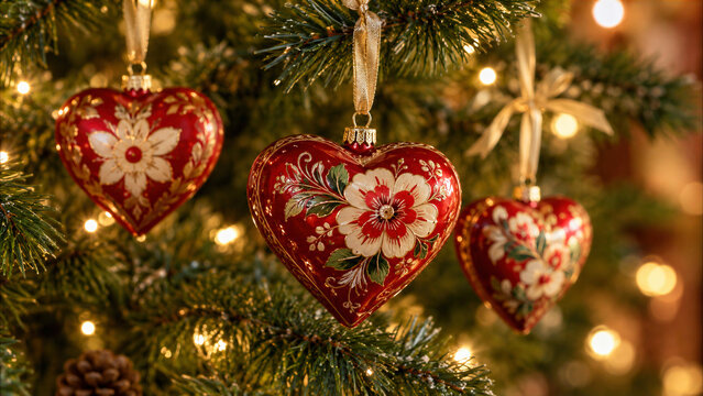 Red heart ornaments hanging on a lit Christmas tree