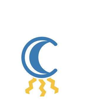 Blue crescent moon with yellow lightning bolts