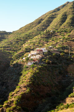 The houses of Masca gather on a green spur below wide terraced slopes with the ravine falling away in front. Isolation and self sufficiency in the mountains of Tenerife.