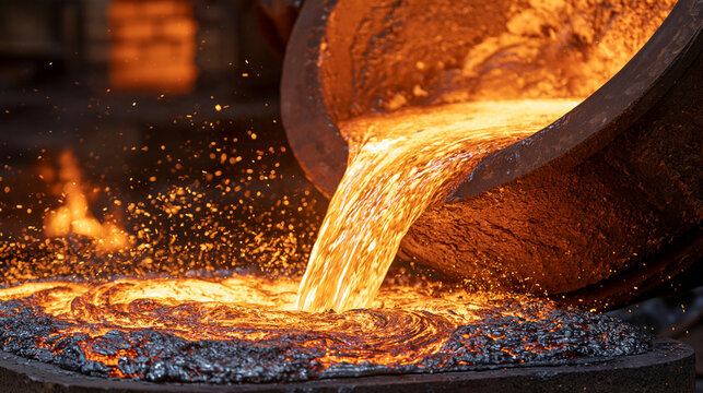 Molten metal pouring from a glowing ladle with flying sparks in a foundry. Heavy industry concept for manufacturing and metallurgy ads.