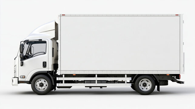 A white delivery truck parked with side view isolated on white background. Perfect for logistics and freight transport mockups.