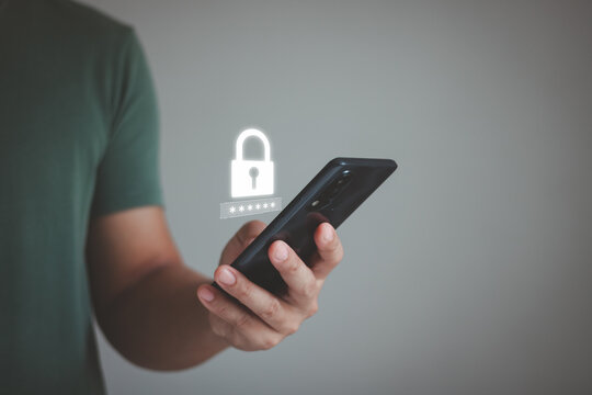 Person using the smart mobile phone to access on smartphone for validate password for biometric two-step authentication to unlock security. Business Technology security Concept.