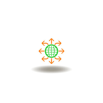 Vector illustration of erath globe and arrows pointing in different directions away from it. Symbol of internet connection tech.