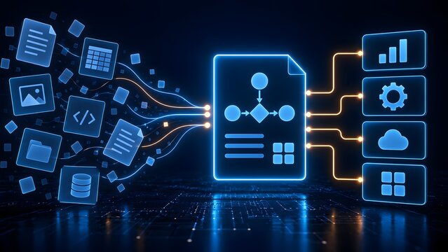Digital workflow automation concept illustrating raw data files transforming through a central algorithm into structured analytics and cloud storage modules