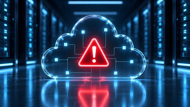 Cloud computing security breach concept showing a glowing digital cloud icon with a red warning alert triangle inside a modern data center server room