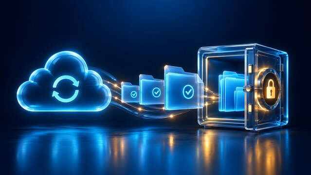 Secure digital data migration concept illustrating glowing document folders transferring from a glass safe vault into an encrypted cloud storage network