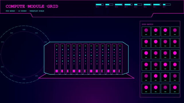 A modular datacenter grid displays server racks and illuminated matrix nodes in a wide triple monitor configuration with vibrant pink and teal interface visual data
