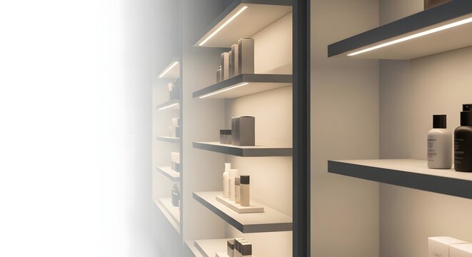 Minimalist Display Shelves with LED Lighting and Copy Space for Beauty Products
