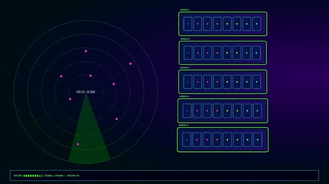 A modular datacenter visual interface shows rhythmic scanning rotations across three distinct monitoring panels while digital status indicators blink with soft luminous colored neon glow pulses