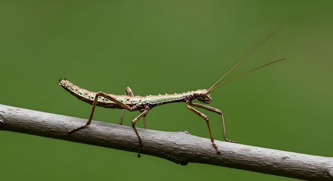 Brown Stick Insect Camouflaged on a Slender Tree Branch
