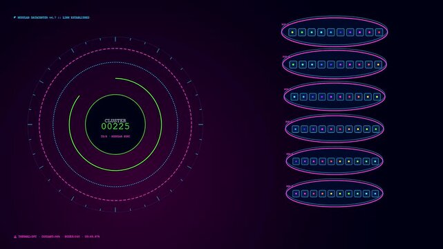 A modular datacenter interface displays circular metrics and pulsating light nodes as digital data flow progresses across the screen in this dark abstract animation sequence