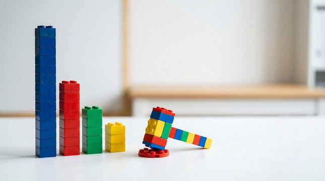 Colorful building blocks arranged as bar chart with gavel on white surface