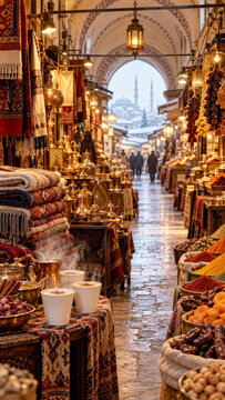 Traditional Turkish bazaar filled with carpets, copperware, spices, dried fruits, hot drinks, lanterns, and a snowy mosque view.