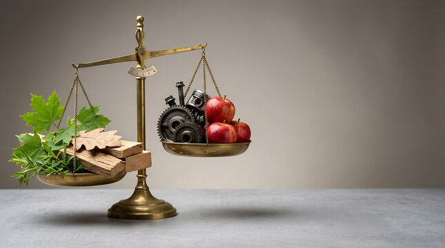 Vintage scale balancing nature and industry with leaves wood gears and apples