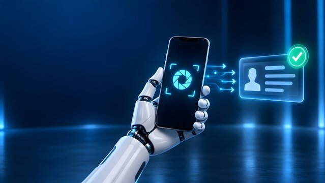 Robotic hand holding smartphone with biometric camera scanner authenticating digital user identity profile for secure automated verification