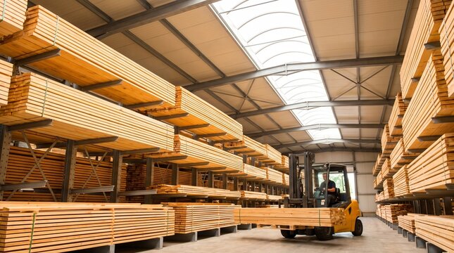 A man drives a forklift through a lumber warehouse. Stacks of wooden boards fill the covered facility beneath skylights. Timber distribution and industrial logistics concept.