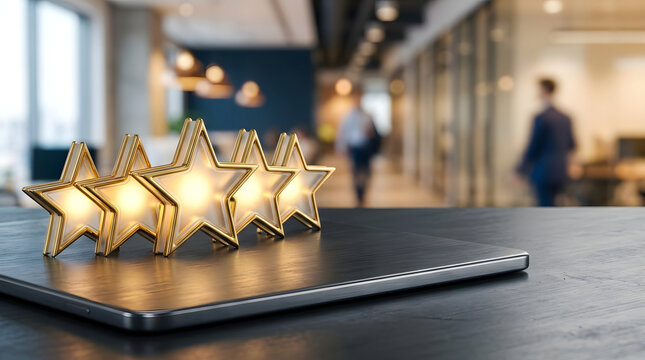 Five golden stars on tablet device on desk in modern office space