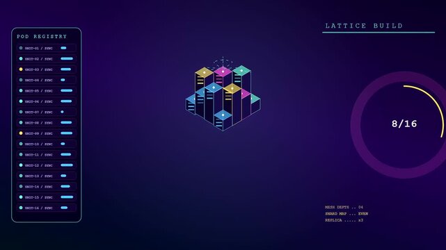 A modular datacenter interface displays animated geometric blocks and loading circles that synchronize across three digital panels to illustrate real time system architecture and network load