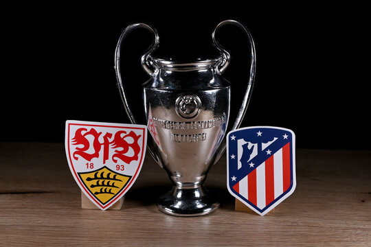 September 12, 2016, Madrid. Emblems of football clubs participating in the group stage of the UEFA Champions League: Stuttgart and Atletico Madrid.