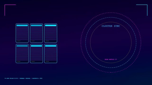 a modular datacenter display shows glowing blue server nodes and circular sync interfaces flickering with rapid pulses while light patterns shift across a deep purple background