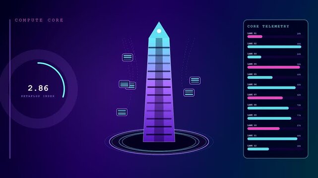 A modular datacenter displays changing statistical data panels with glowing vertical monoliths in a digital space featuring shifting metrics and illuminated neon color gradients throughout