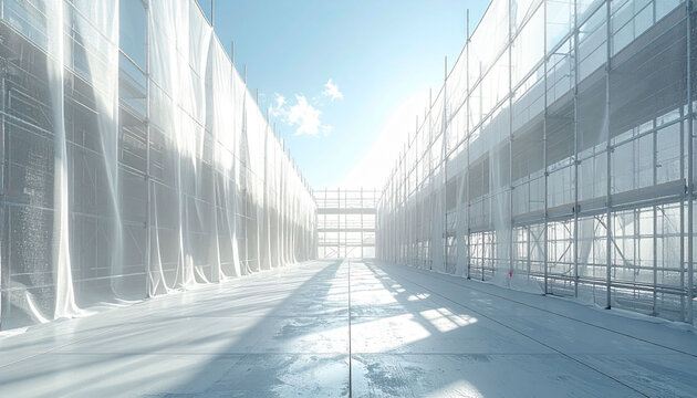 建築現場の改修工事で建物全体を覆う白い養生シートと金属製の足場が整然と並ぶ無機質な空間　奥へと続く道がシンメトリーに配置され青空を背景に光が差し込むコントラストの強い構成と広いコピースペース　住宅のリフォームや建設会社のプロモーション広告、ビルメンテナンスの紹介チラシ、建築業界のWEBサイト、ビジネス資料の表紙、作業安全の案内看板、不動産開発のコンセプト画像、工事現場の風景写真