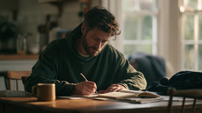 Focused Creator: A bearded man in a hoodie sits at a table, engrossed in writing with a pencil in a notebook, his concentration palpable in the natural light filtering through the window.