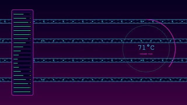 Digital coolant flux flowing across a modular datacenter interface showing changing temperature values within three vertical server rack displays lit by glowing purple neon light beams