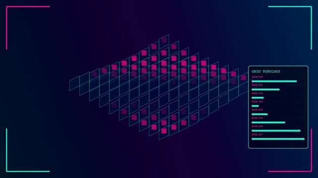 A modular datacenter grid displays active server processing nodes pulsing with vibrant pink illumination as visual data streams shift through three sequential digital interface design segments