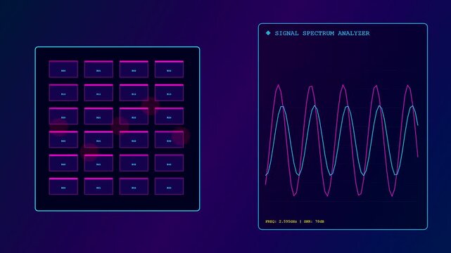 A modular datacenter grid displays pulsing wave patterns and glowing signal fluctuations across multiple digital screens in a dark room environment featuring moving interface elements