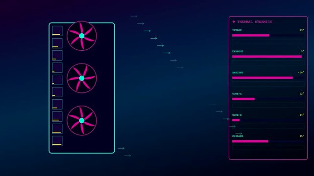 A modular datacenter displays dynamic thermal telemetry data with oscillating fan icons and fluctuating readout values appearing on a dark digital interface during active system cooling cycles