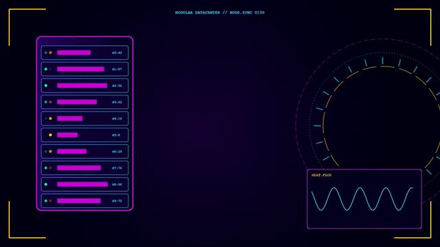 Three panels showing a modular datacenter interface with pulsing neon graphical elements and oscillating wave patterns displayed on a dark surface for modern data monitoring systems