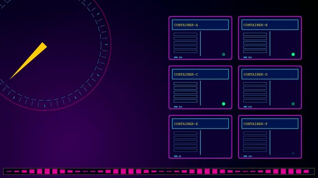 A modular datacenter interface features animated circular gauges and glowing container boxes with fluctuating metrics across a dark purple digital workspace with scrolling bottom status indicators